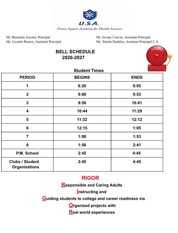 2026-2027 Regular School Bell Schedule (Starts September 14, 2026)