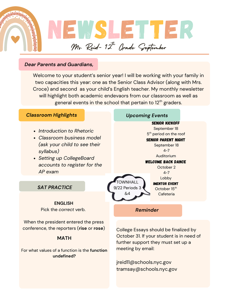 12th Grade ELA/SENIOR ADVISOR September Newsletter