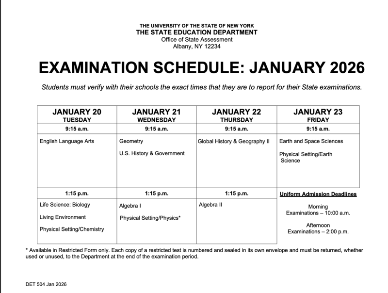 January Regents Schedule 