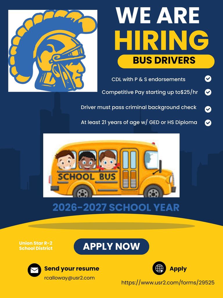 Picture of school bus and bus driver information and how to apply.