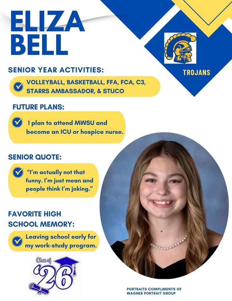 Picture of Eliza and information pertaining to her high school career.