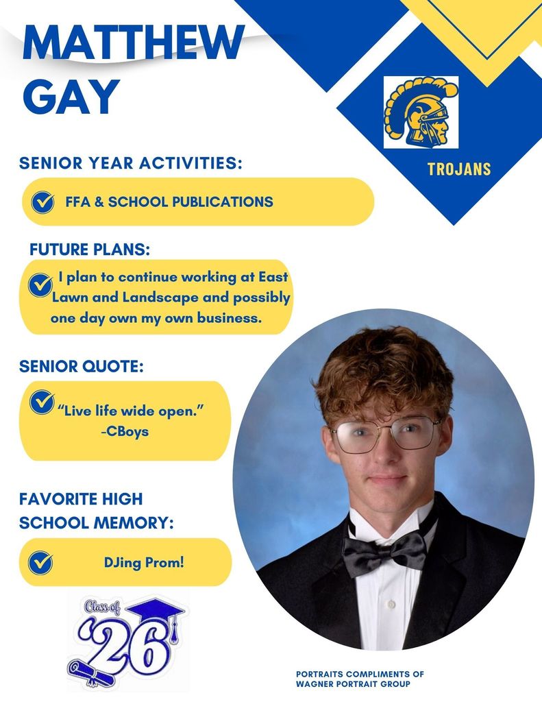 Picture of Matt and information about his high school career.