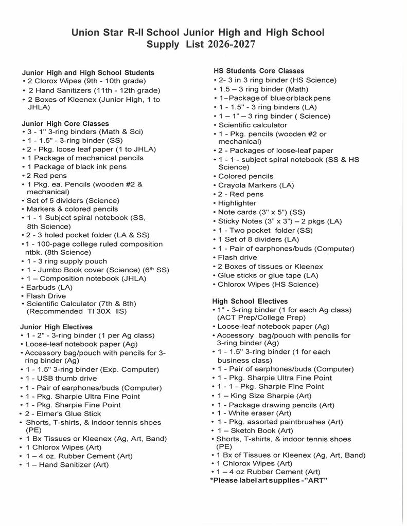 JH/HS Supply List