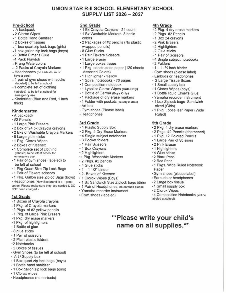 Elementary Supply List