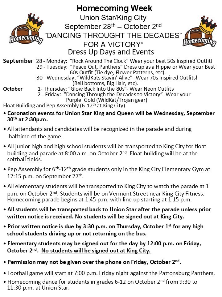 Informational sheet on homecoming festivities. 