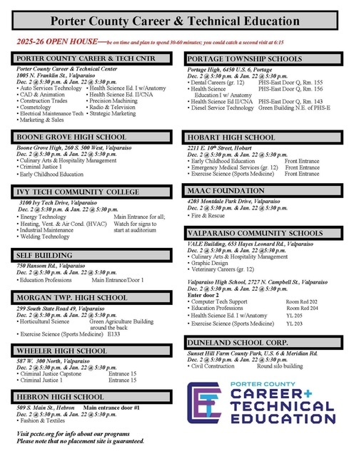 Porter County Career & Technical Education Open House Flyer