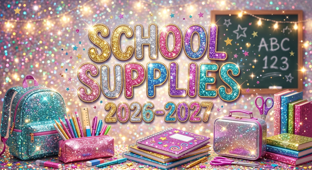 glittery image of school supplies