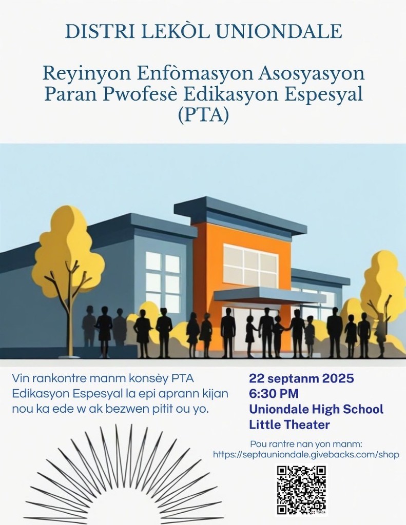 Calling all parents/guardians and community members to join SEPTA (Special Education PTA) to our first meeting of the new school year on Monday, September 22nd at 6:30 p.m. at the Uniondale High School Little Theater.  Your thoughts and ideas are welcome!