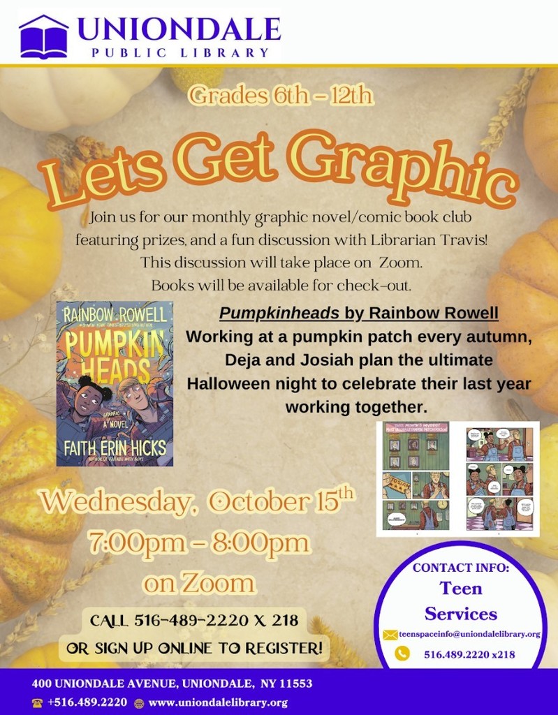 Uniondale Public Library's monthly graphic novel/comic book club announcement