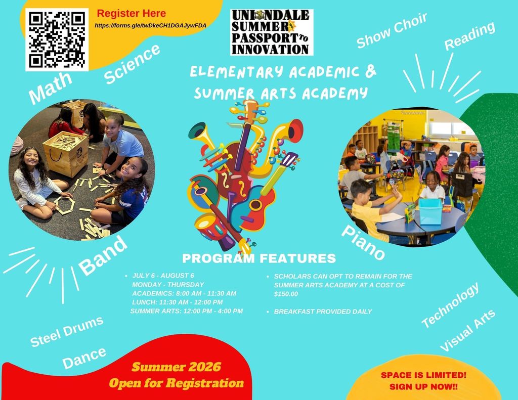 Elementary Academic and Summer Arts academy flyer - English