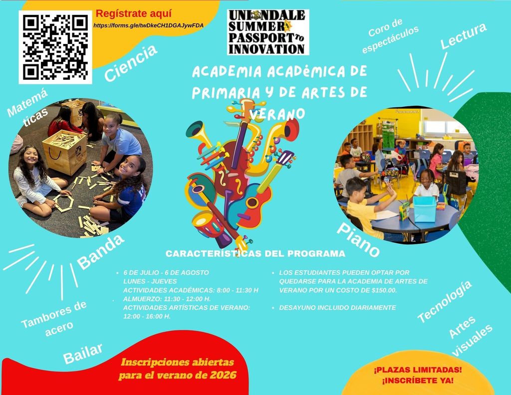 Elementary Academic and Summer Arts academy flyer - Spanish