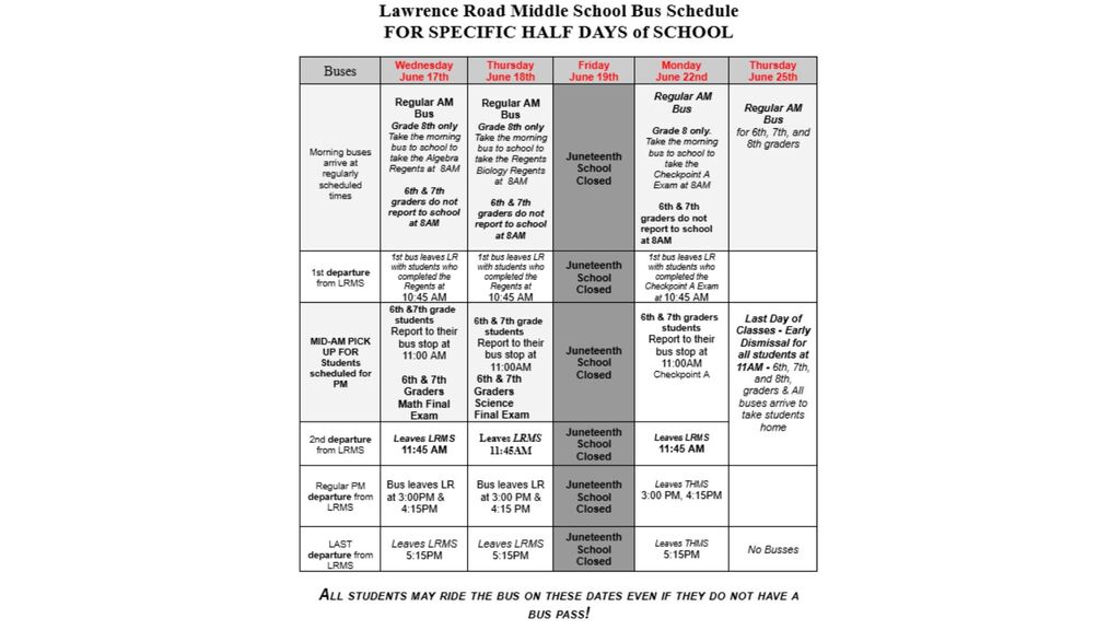bus schedule for half days