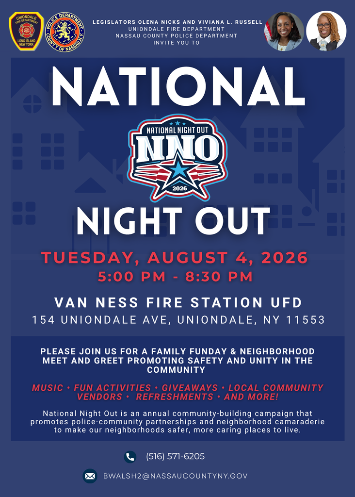 National Night Out Flyer advertising event taking place on Tuesday, August 4th from 5:00 to 8:30 pm. at the Van Ness Fire Station