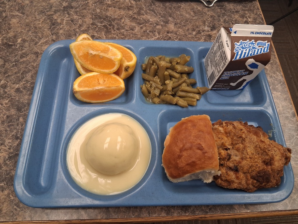 Baked chicken lunch with hot roll, mash potatoes, green beans and oranges! 