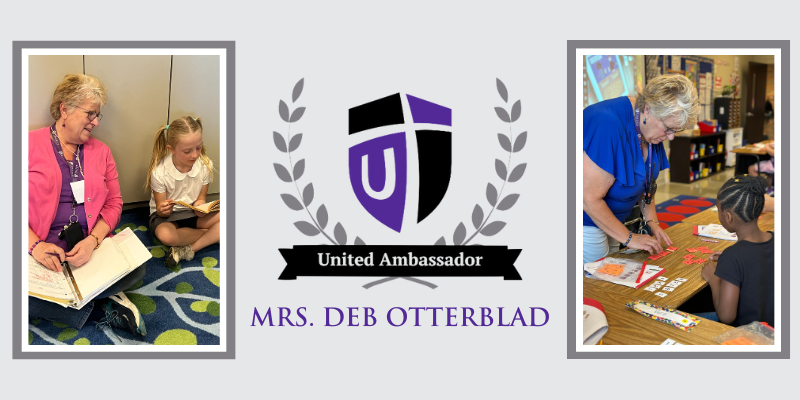 two pictures of a teacher with her students, and a logo for theUnited Ambassador award winner