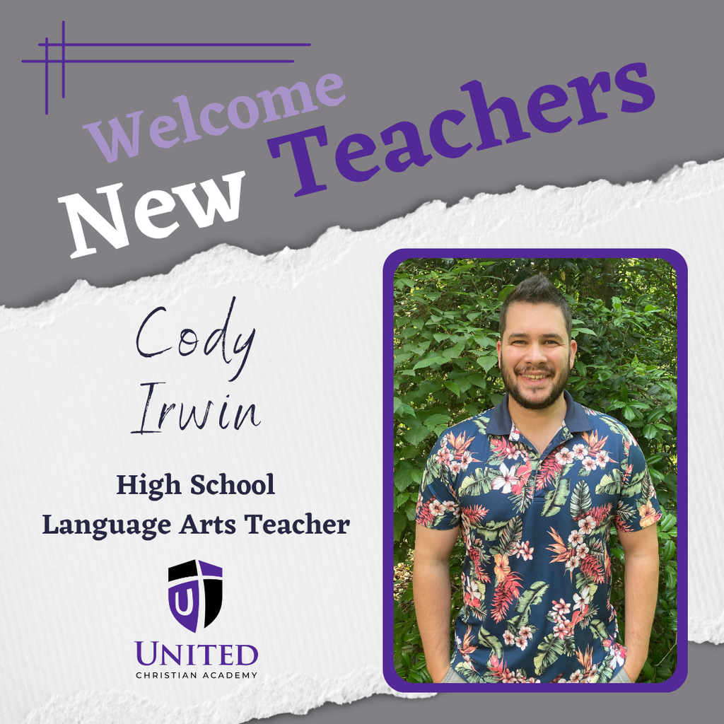 photo of a man standing in front of a bush with text around it welcoming him as a new teacher