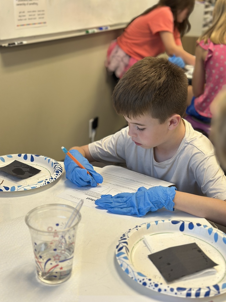 5th grade students looking at a worm on a paper plate
