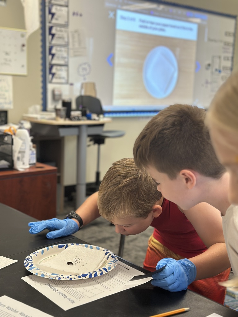 5th grade students looking at a worm on a paper plate