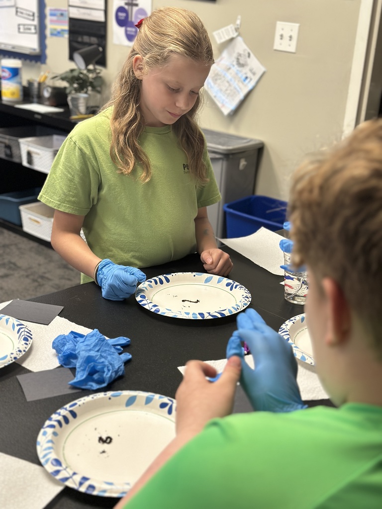 5th grade students looking at a worm on a paper plate