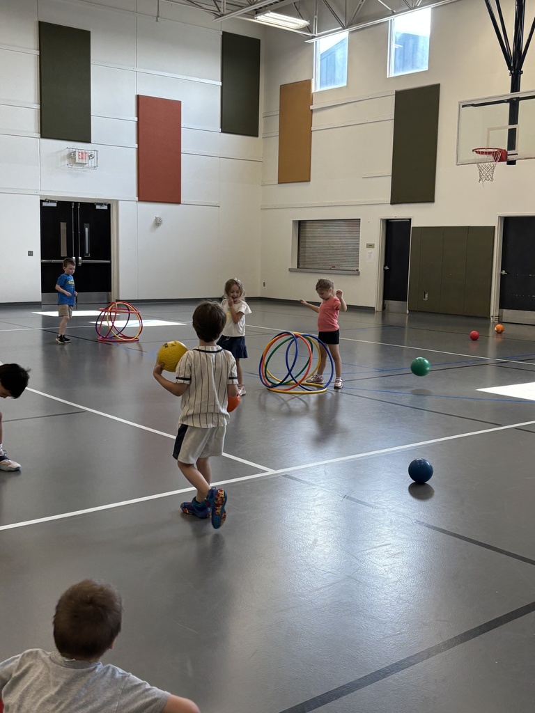 kindergarten students playing a game in PE class involving hula hoops and dodgeballs