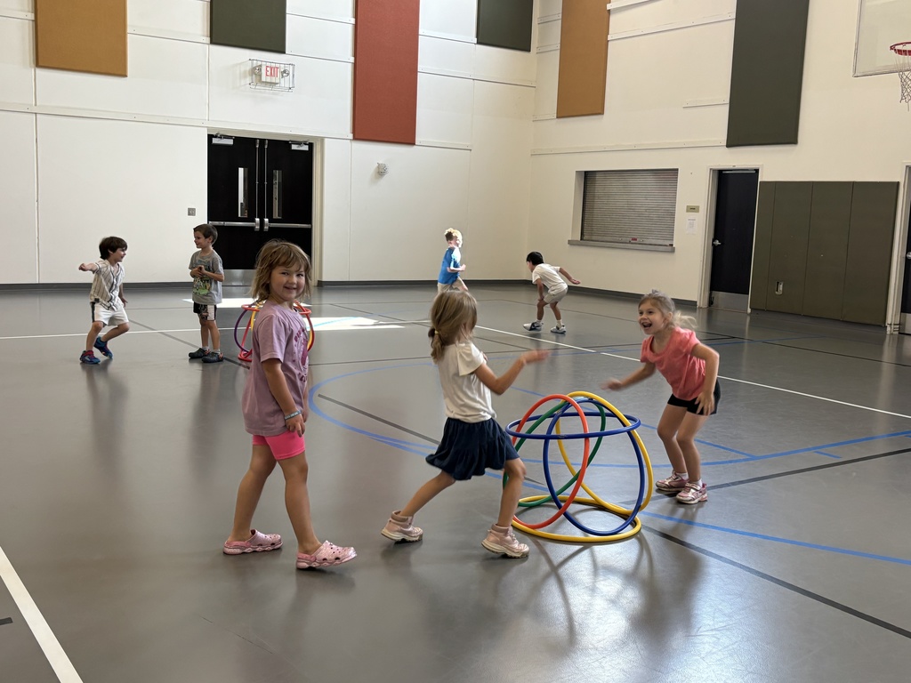 kindergarten students playing a game in PE class involving hula hoops and dodgeballs