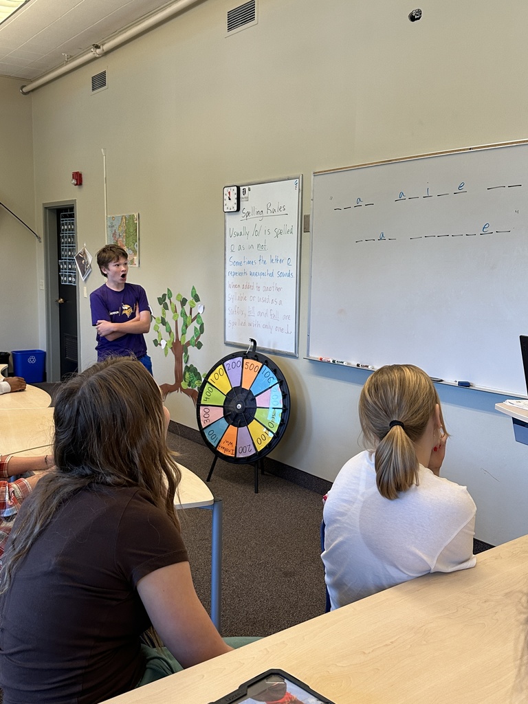 students spinning a wheel and guessing letters for a game in language arts class