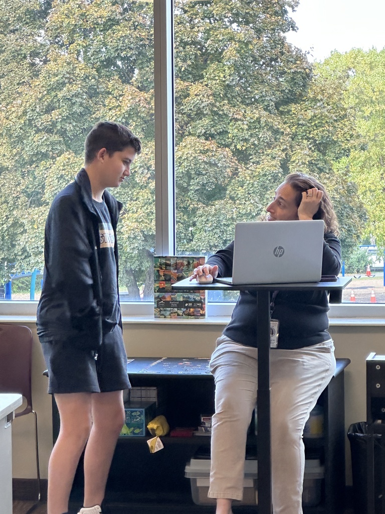 student talking to his teacher as they look at her laptop