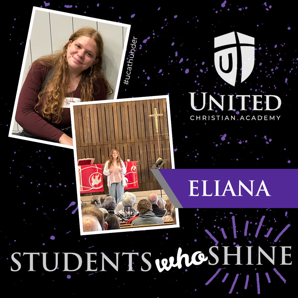 "Students who Shine" graphic with a student's school picture, the school logo, and a title