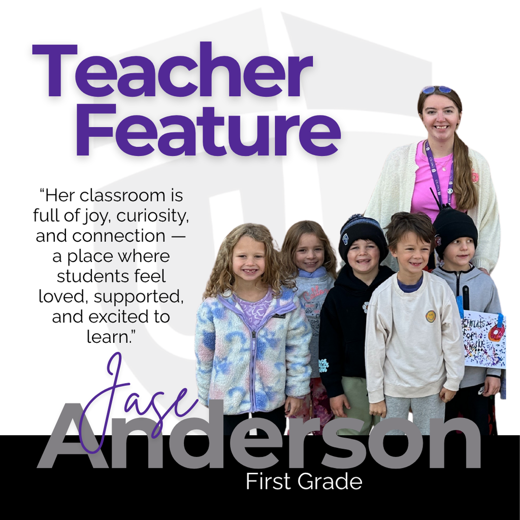 Teacher feature graphic with a picture of the first grade teacher standing by a group of her students and a quote about the teacher