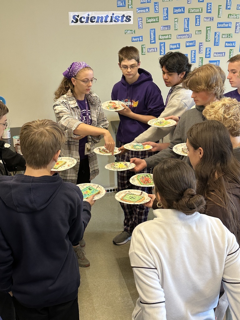 science teacher looking at a group of students' cookies that they decorated so she can judge the winner