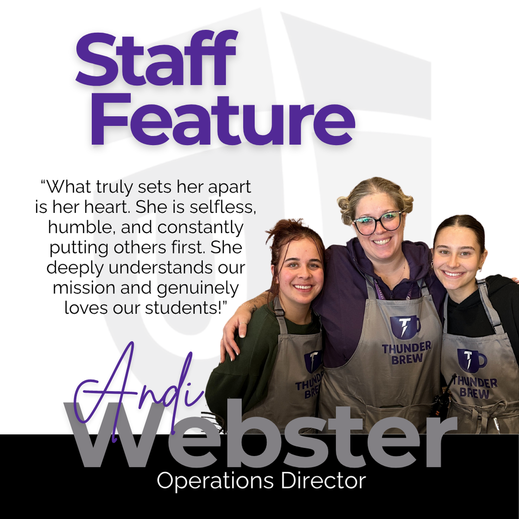 Staff feature graphic with a picture of the Operations Director standing by three students, and a quote about her