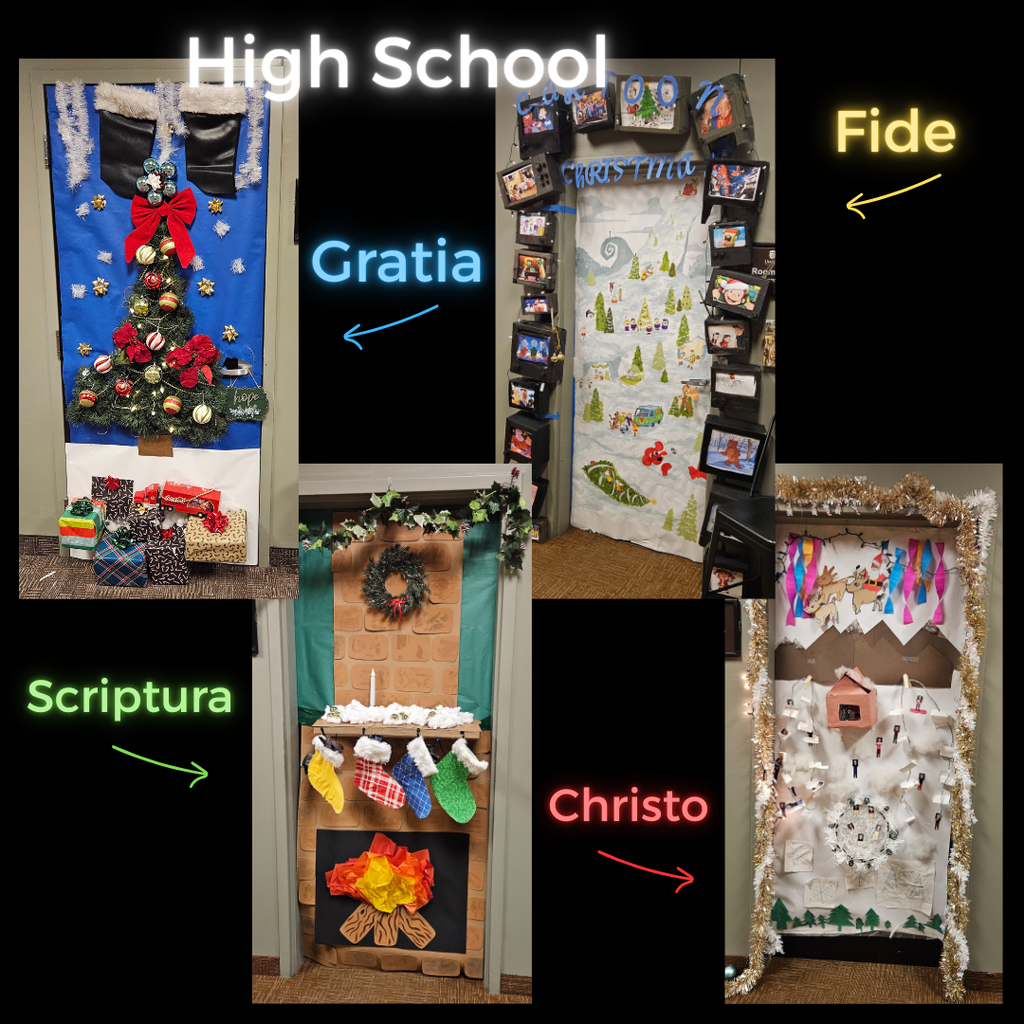 photo collage of classroom doors decorated by high school students