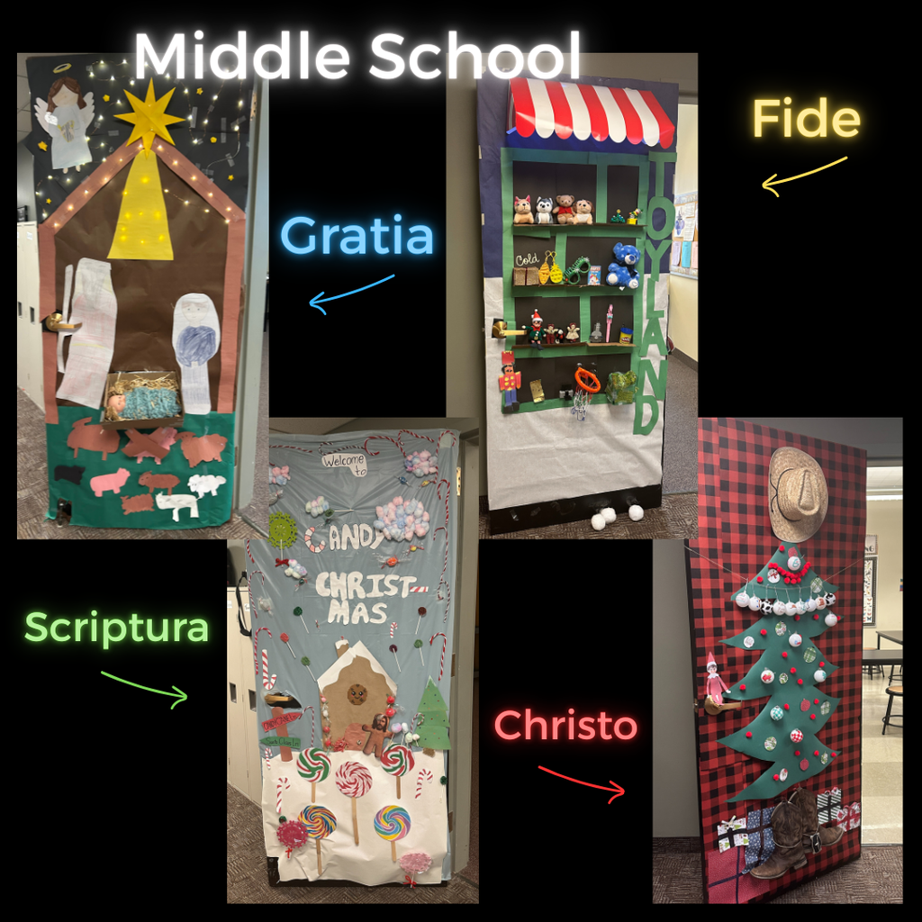 photo collage of classroom doors decorated by middle school students