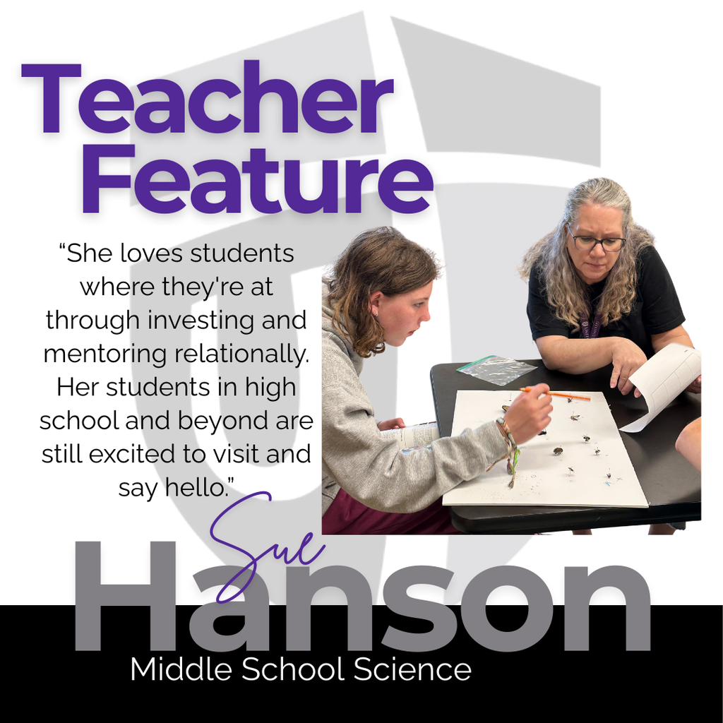 Teacher feature graphic with a picture of the middle school science teacher helping a student in a classroom