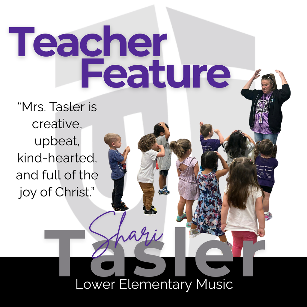 Teacher feature graphic with a picture of the elementary music teacher standing in front of the students showing actions for a song