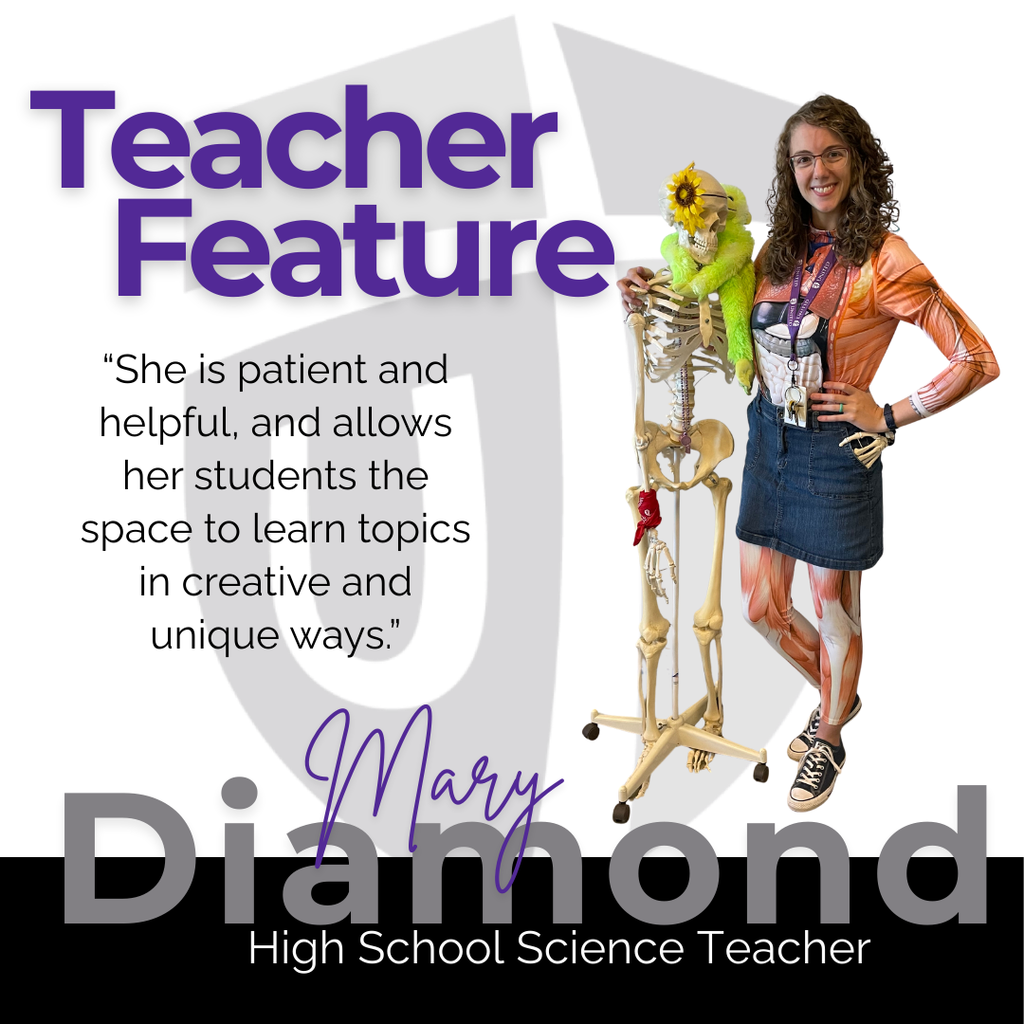 teacher feature graphic with a picture of a science teacher standing next to a skeleton