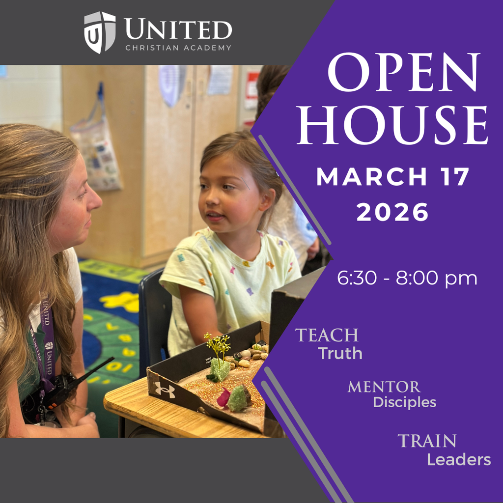 picture of a teacher kneeling next to a student at her desk with information about the open house