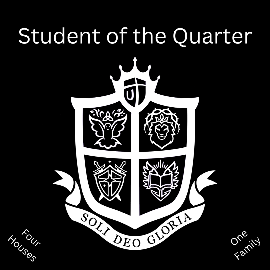 House system shield logo including logos for each of the four houses and the slogan "Soli Deo Gloria"