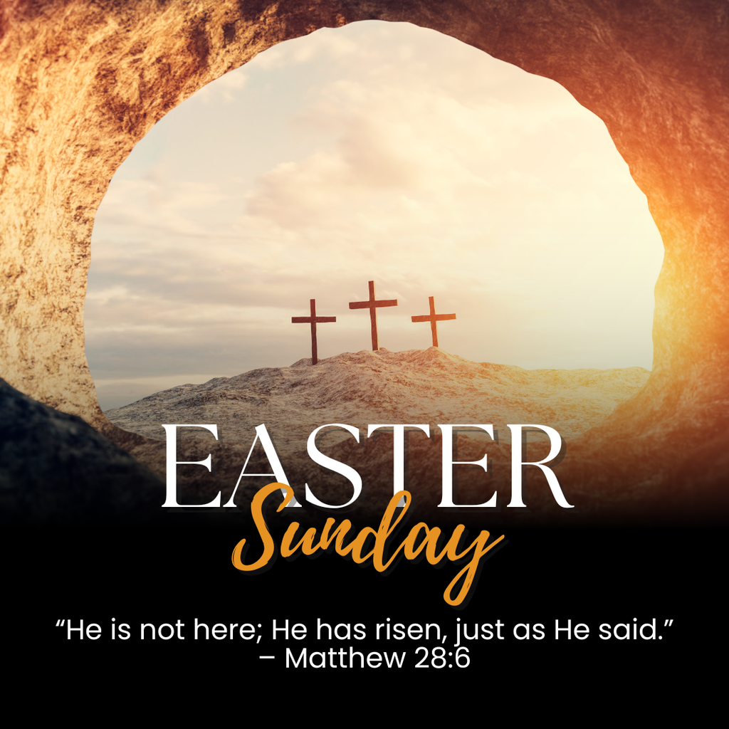 picture of three empty crosses and an empty tomb