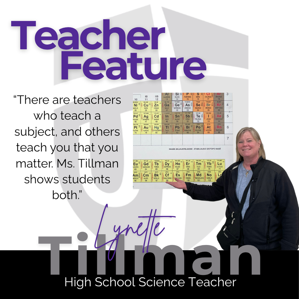 teacher feature graphic with a teacher pointing to a periodic table