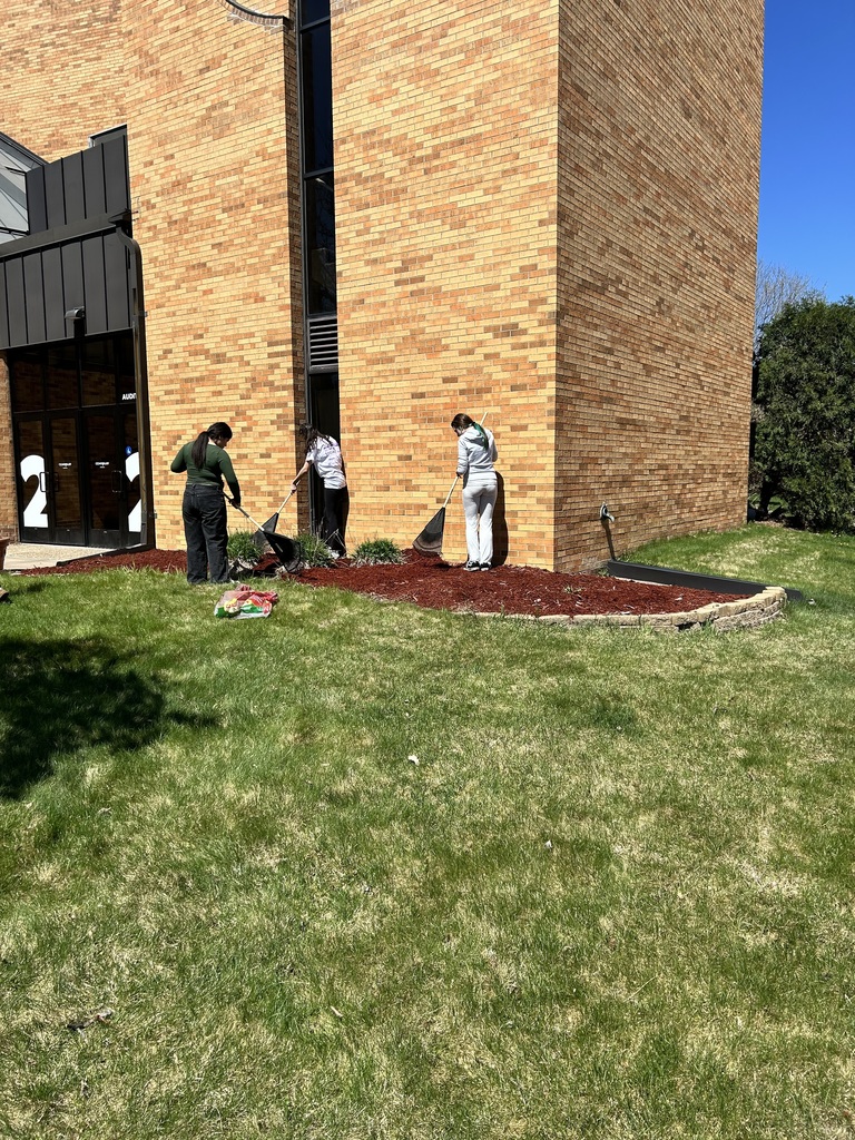 students spreading mulch in a garden