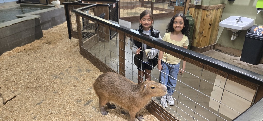 students standing next to a capybara