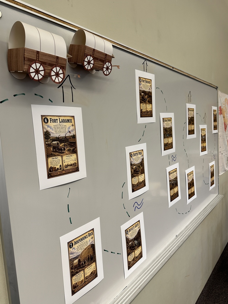 Oregon Trail graphics hanging on a white board