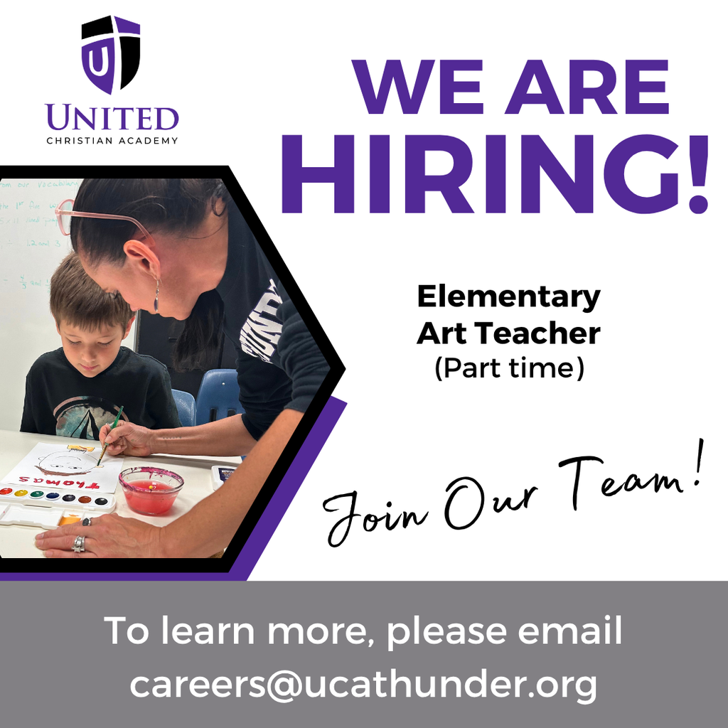 job posting for elementary art teacher with a picture of a teacher helping a student paint