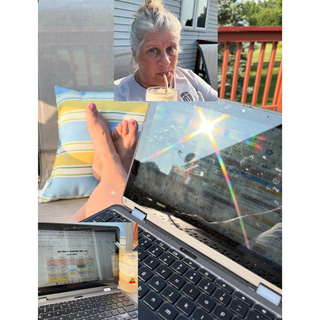 teacher working on her laptop sitting on her deck