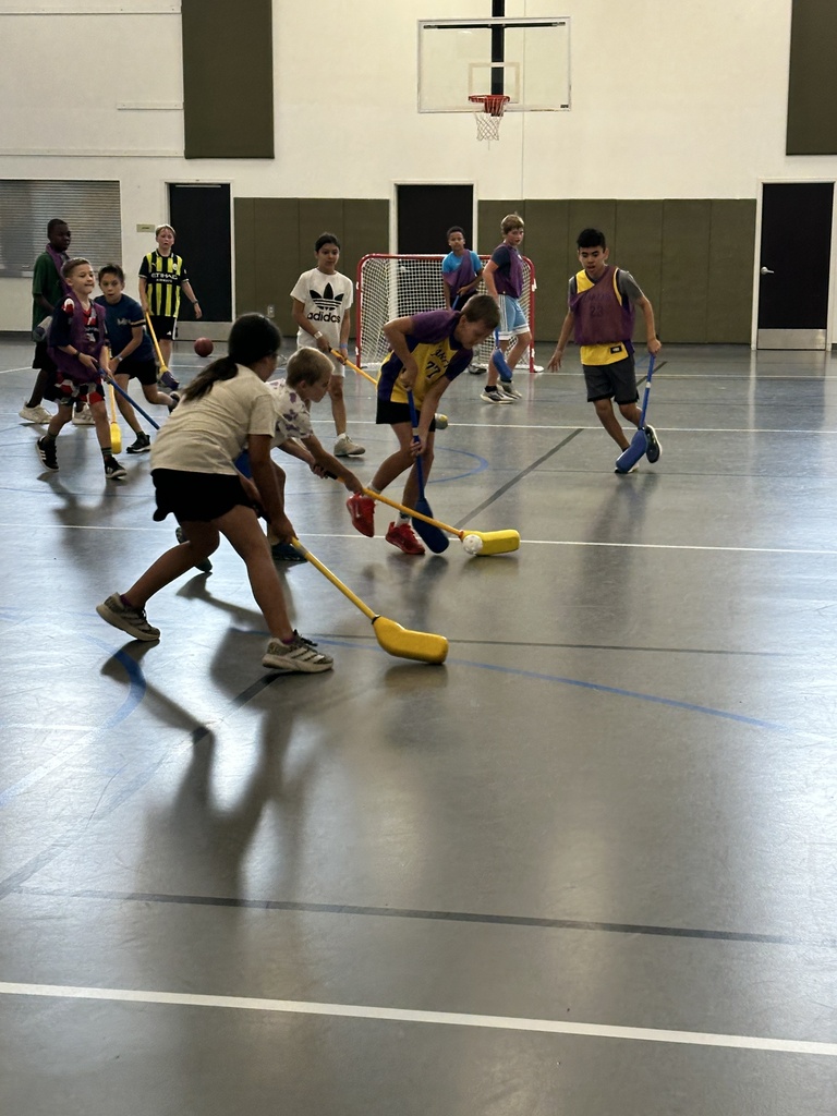 kids playing floor hockey in a gym
