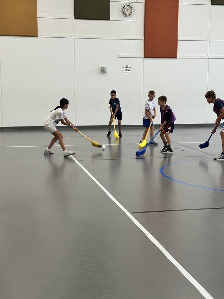 kids playing floor hockey in a gym