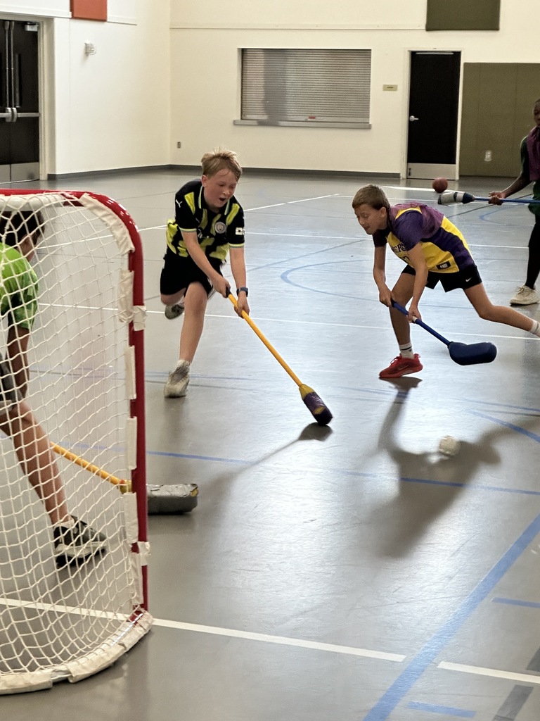kids playing floor hockey in a gym