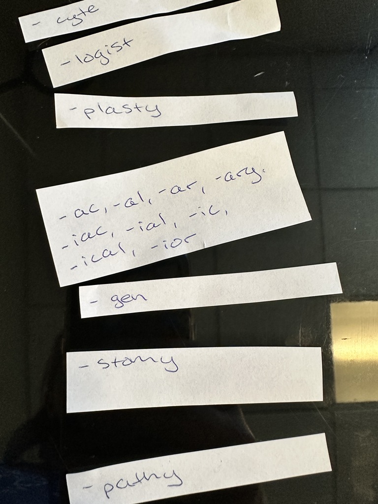 slips of paper with medical terms laid out on a table