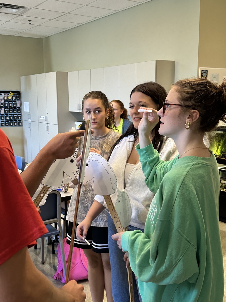 high school students in a classroom holding stick horses and pieces of paper